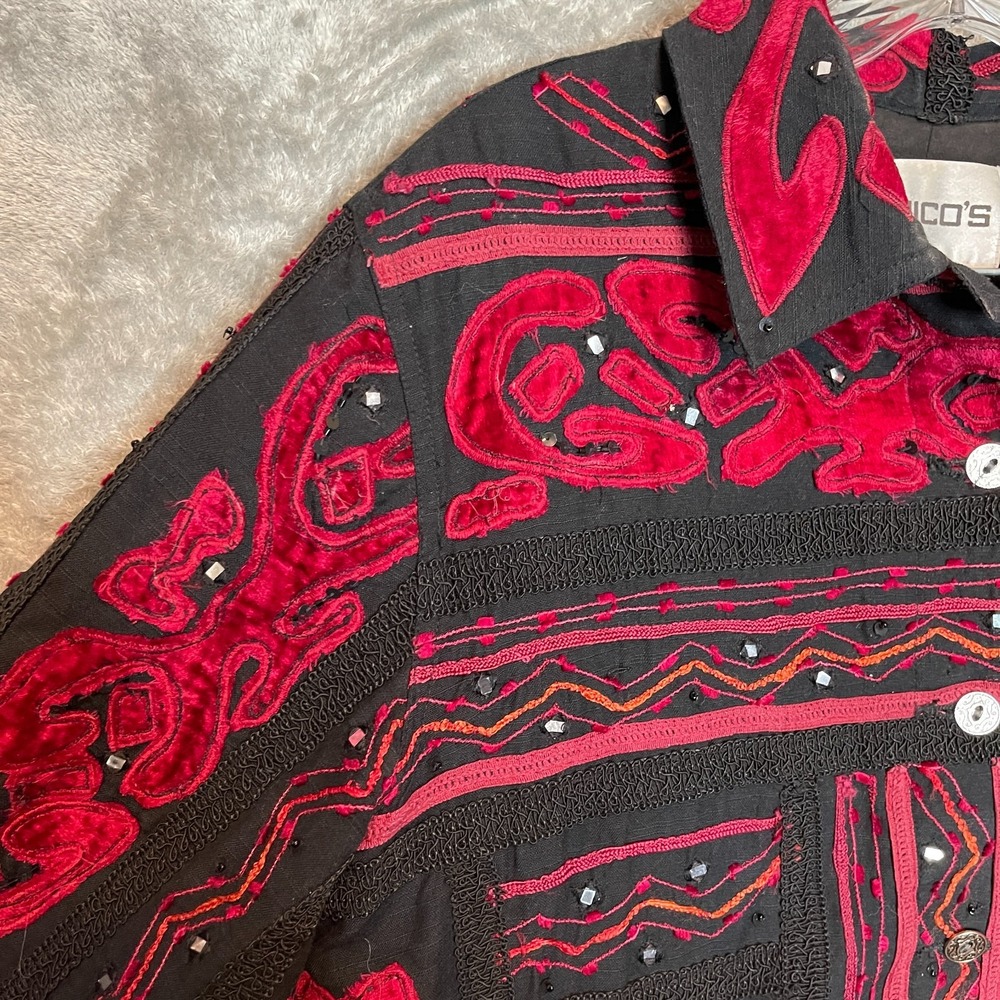Chicos Womens Size 1 Artesian Sequin Black Red Geometric Tapestry Blazer Jacket